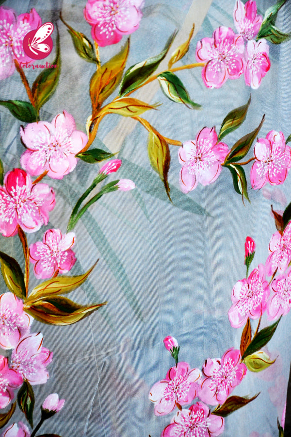 Grey Organza Hand painted Pink Floral Stole