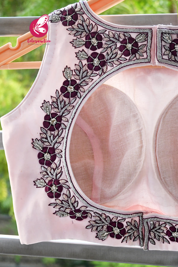 Baby Pink Padded Keyhole Back Handwork Crepe Blouse