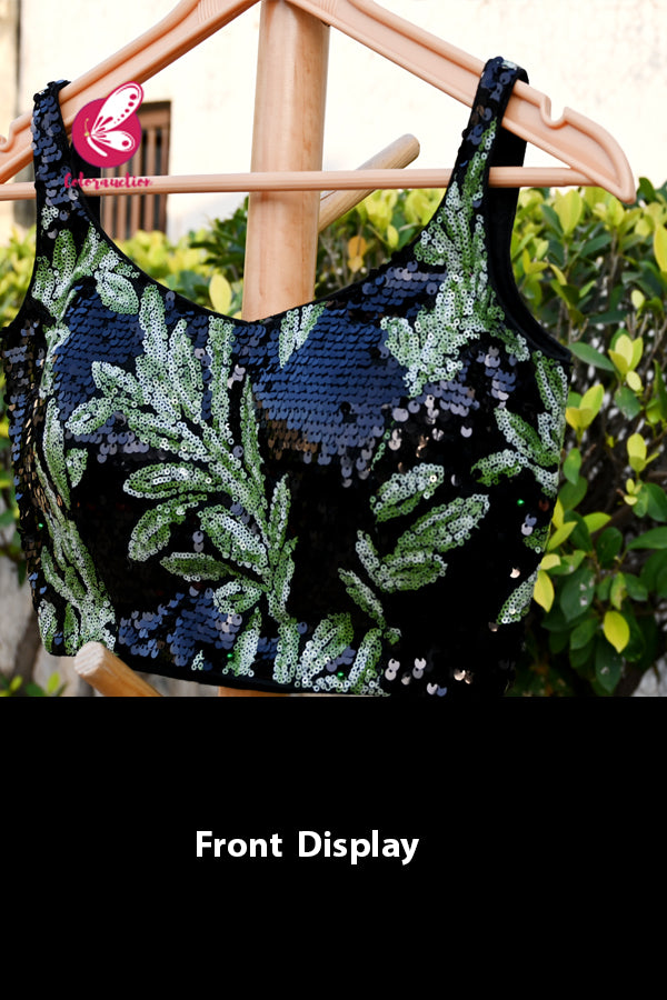 Black & Green Sequins Padded Backless Blouse