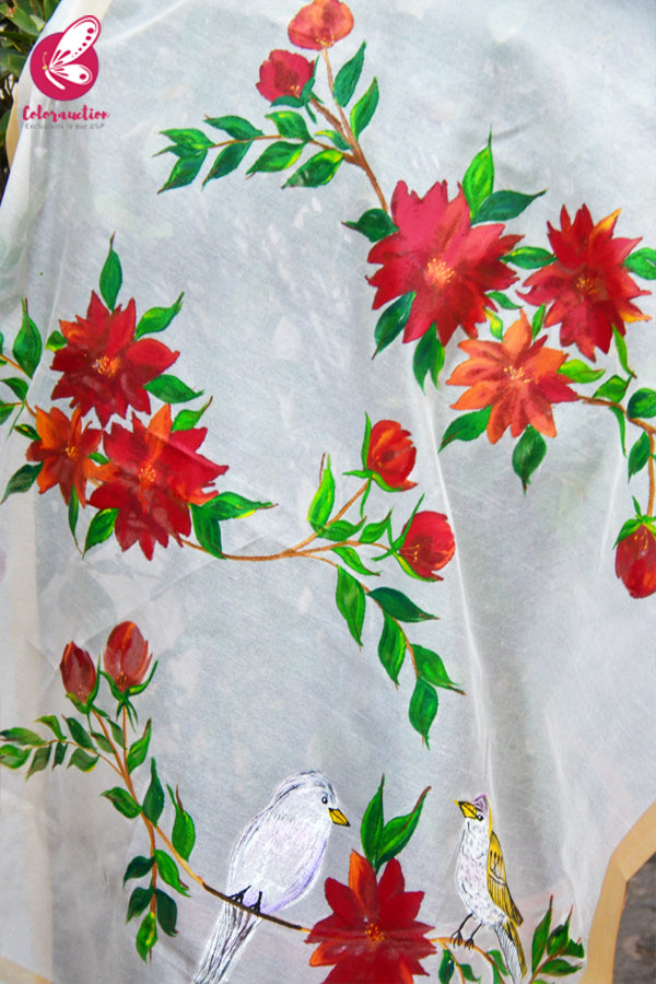 Off White Red Orange Pure Organza Floral Handpainted Stole