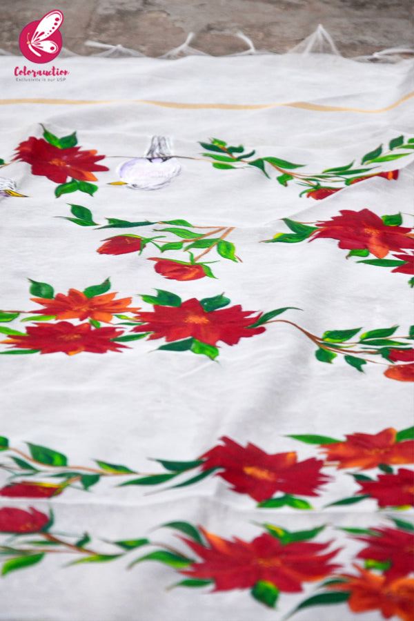 Off White Red Orange Pure Organza Floral Handpainted Stole