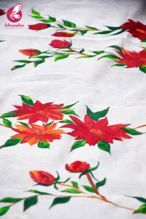 Off White Red Orange Pure Organza Floral Handpainted Stole