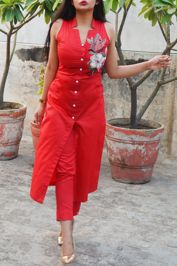 Red Floral Butterfly Embroidered Cotton Silk Sleeveless Kurti with Red Cotton Silk Pants Kurti Set