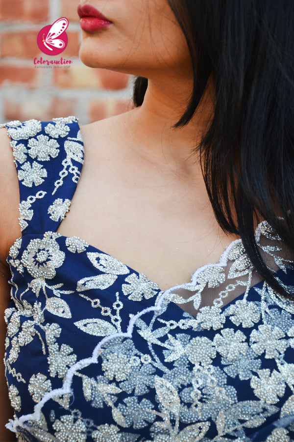 Blue & White Embroidered Scallop Net Satin Half & Half Saree