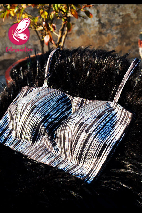 Black &amp; Silver Metallic Crepe Padded Strappy Backless Blouse