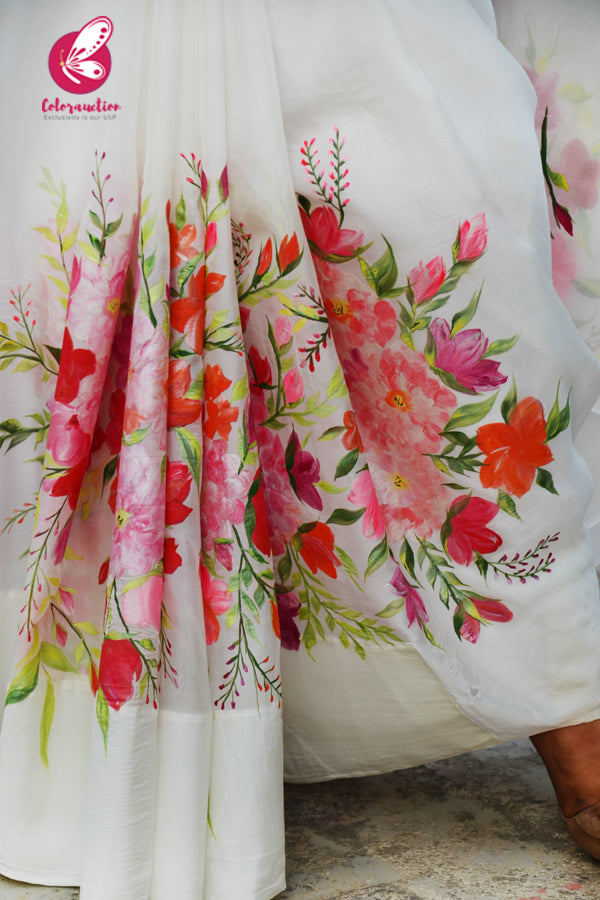 Off White Handpainted Crepe Chiffon Multicoloured Floral Saree