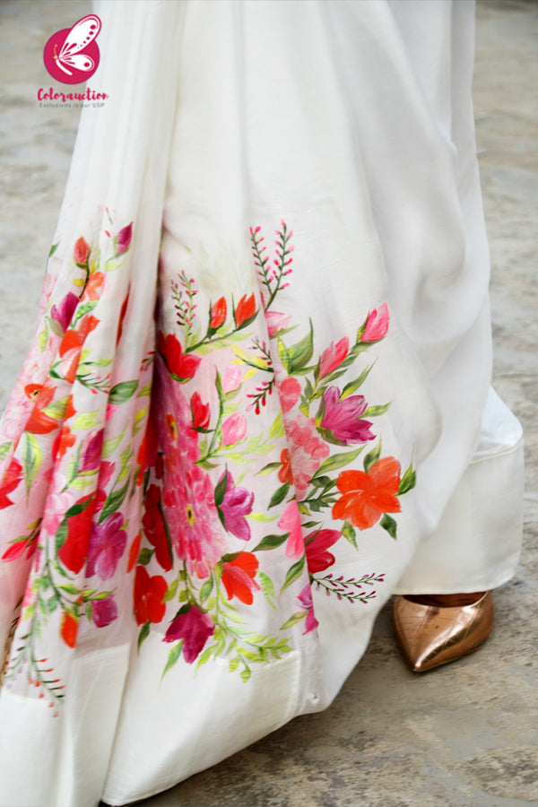 Off White Handpainted Crepe Chiffon Multicoloured Floral Saree