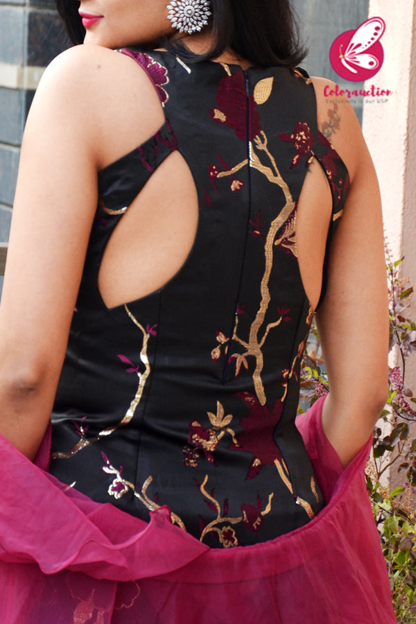 Black &amp; Magenta Padded Brocade Keyhole Back short Length Kurti with Black Cotton Silk Pants and Dark Pink Organza Three-Tier Ruffle Stole