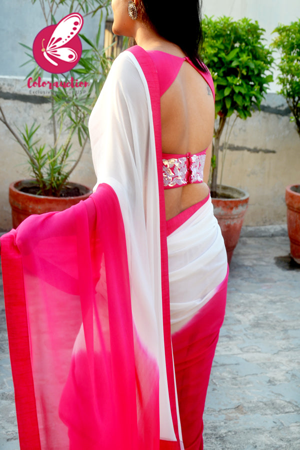 Hot Pink &amp; White Double Shaded Georgette Saree