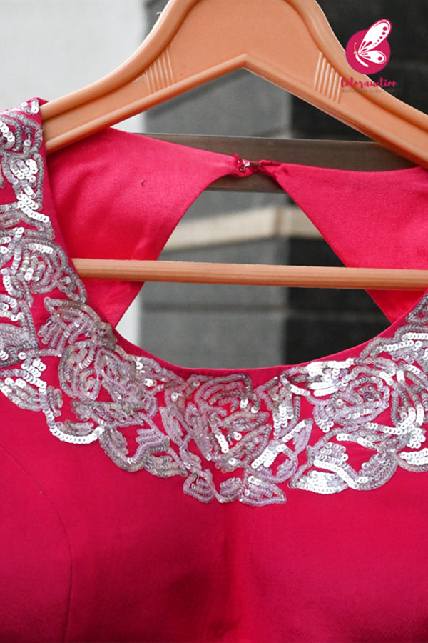 Hot Pink Padded Silver Sequins Hand Embroidery Keyhole Back Padded Crepe Blouse