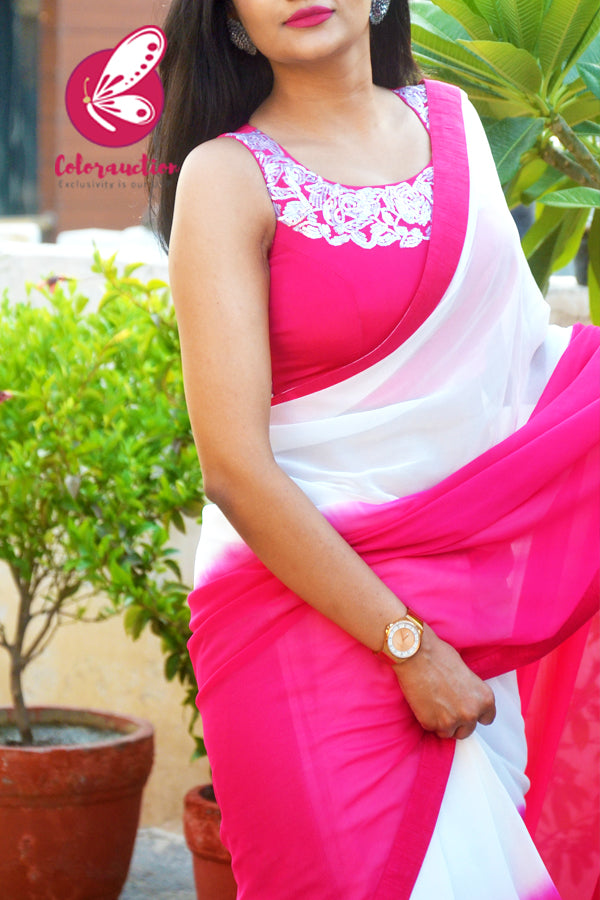 Hot Pink &amp; White Double Shaded Georgette Saree