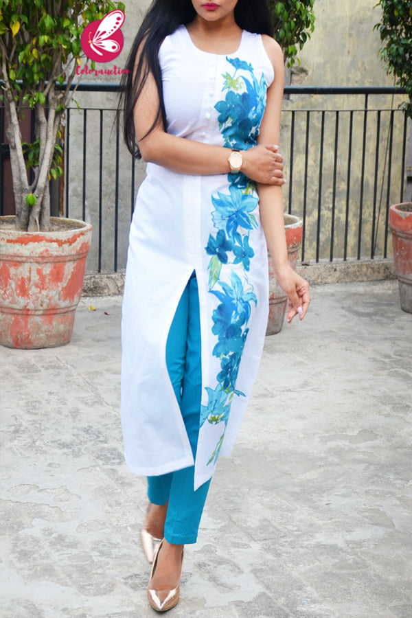 White Pure Linen Front Slit Applique Work Kurti with Blue Cotton Silk Stripes Pants Kurti Set