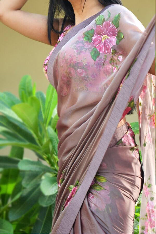 Mauve Hand Painted Pure Silk Chiffon Saree