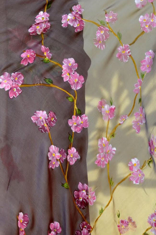 Mauve Hand Painted Pure Silk Chiffon Saree