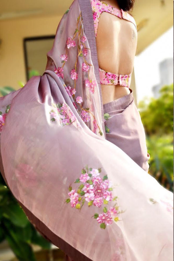 Mauve Hand Painted Pure Silk Chiffon Saree