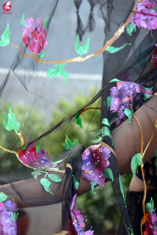Black Organza Hand painted Humming Bird Floral Stole