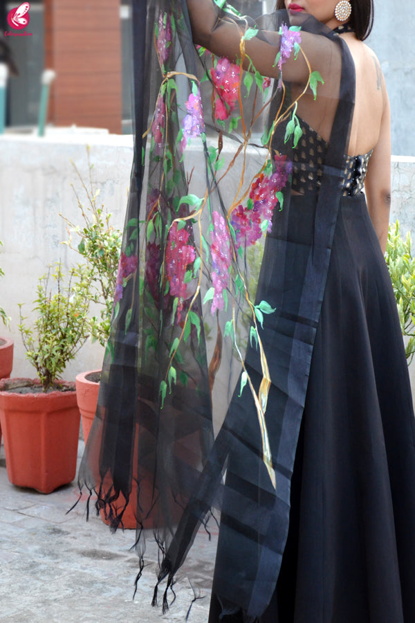 Black Organza Hand painted Humming Bird Floral Stole