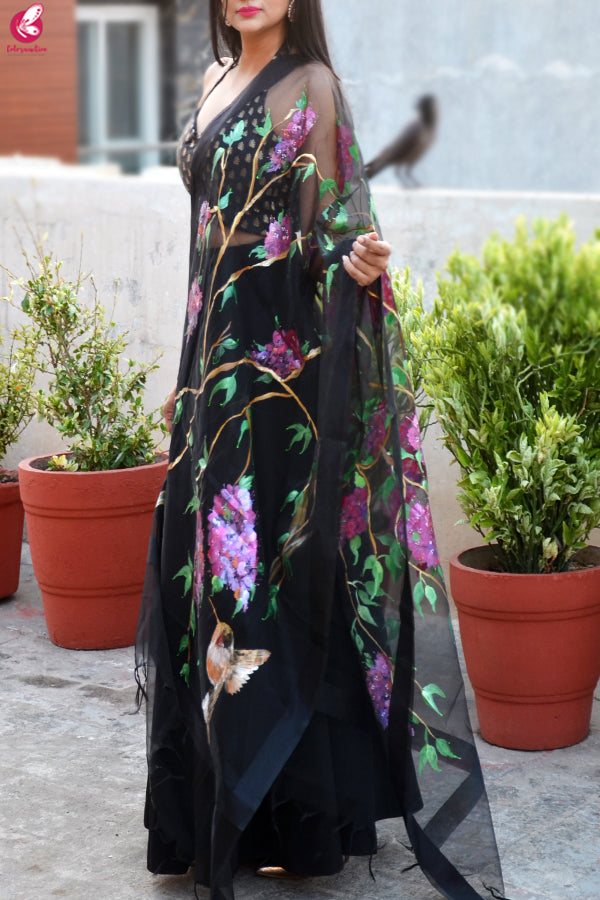 Black Organza Hand painted Humming Bird Floral Stole