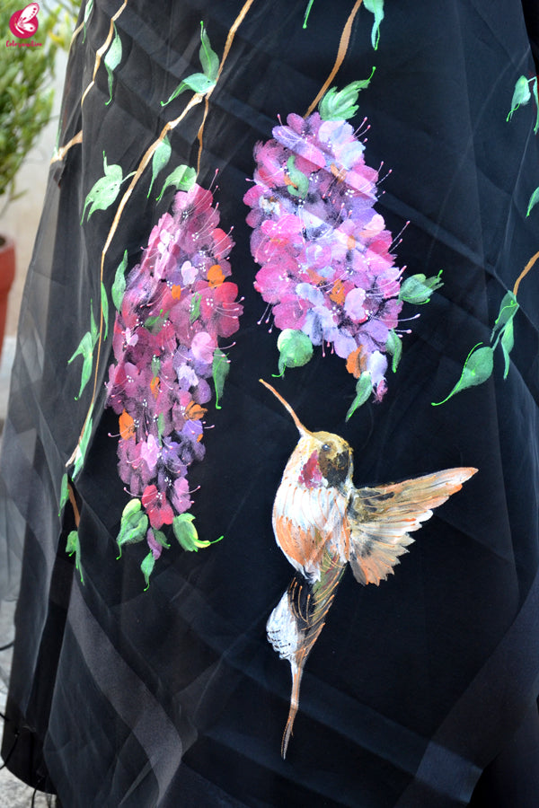 Black Organza Hand painted Humming Bird Floral Stole