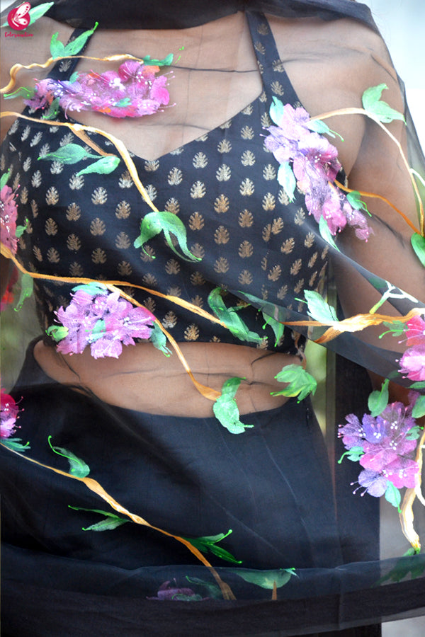Black Organza Hand painted Humming Bird Floral Stole
