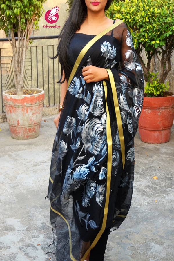 Black Pure Organza Silver Floral Stole