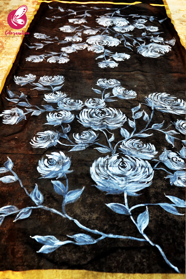 Black Pure Organza Silver Floral Stole