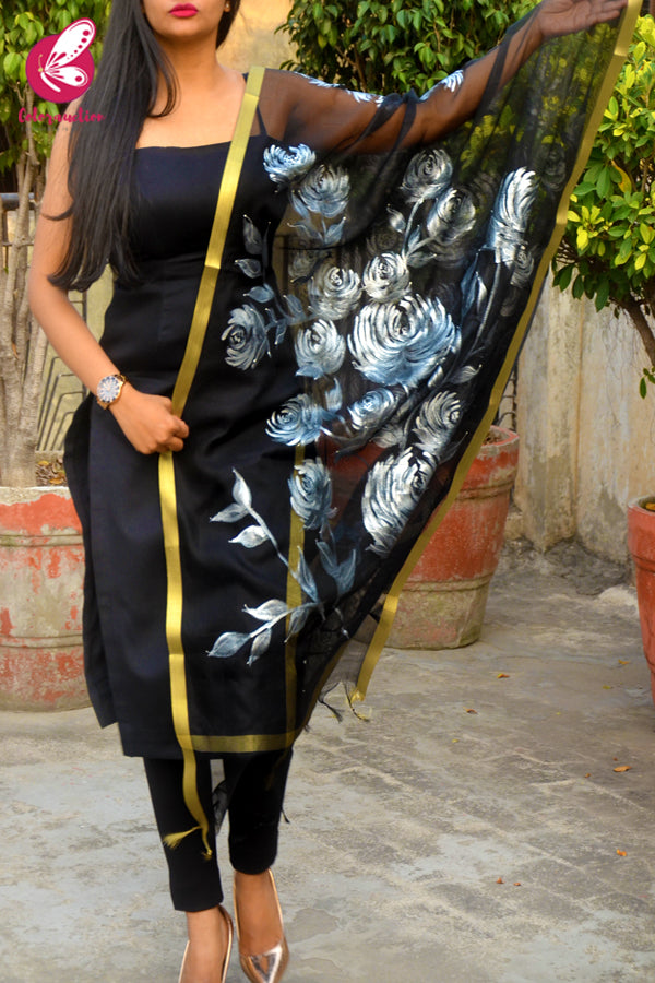 Black Pure Organza Silver Floral Stole