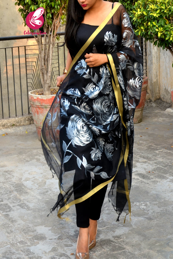 Black Pure Organza Silver Floral Stole