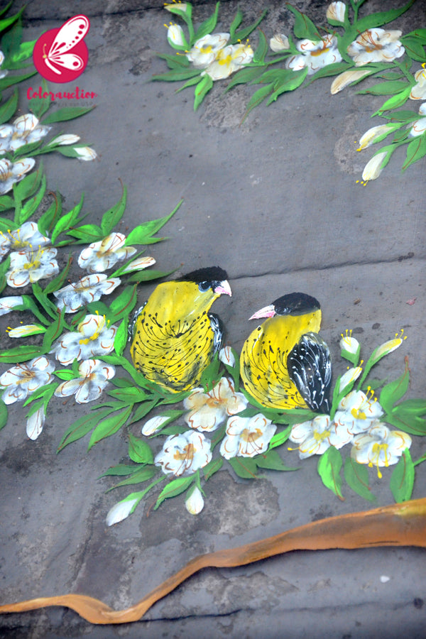 Black Organza Yellow Floral Hand painted Stole