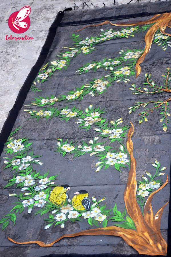Black Organza Yellow Floral Hand painted Stole