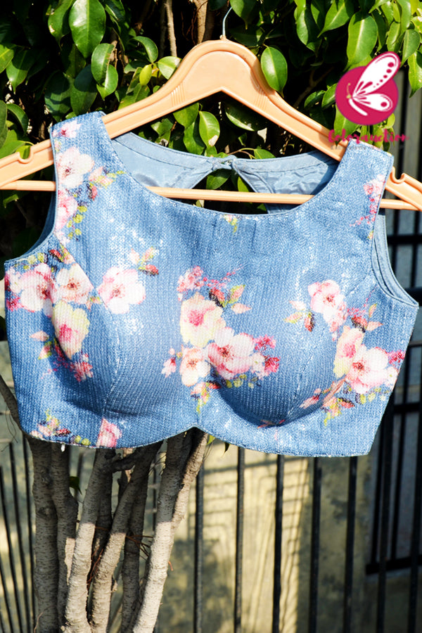 Ice Blue Floral Sequins Back Keyhole Padded Blouse