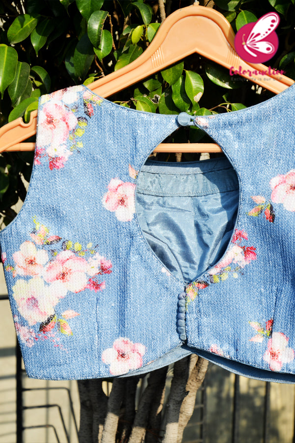 Ice Blue Floral Sequins Back Keyhole Padded Blouse