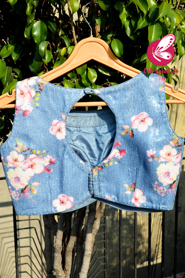 Ice Blue Floral Sequins Keyhole Back Potli Buttons Padded Blouse