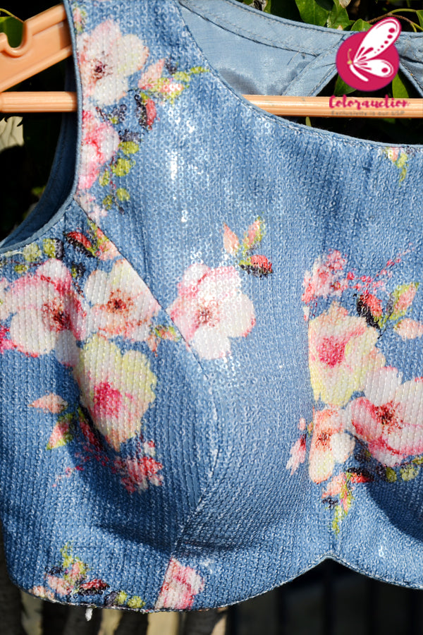 Ice Blue Floral Sequins Back Keyhole Padded Blouse