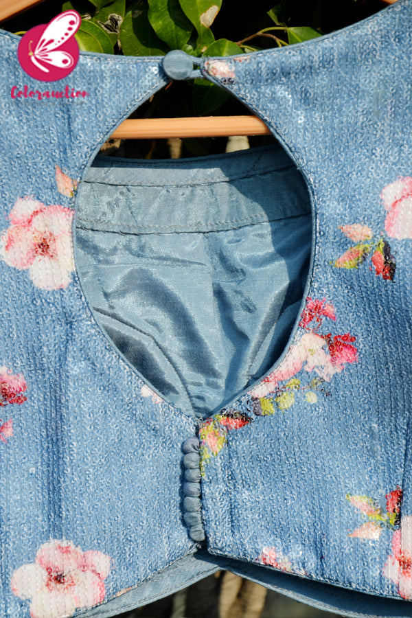 Ice Blue Floral Sequins Back Keyhole Padded Blouse