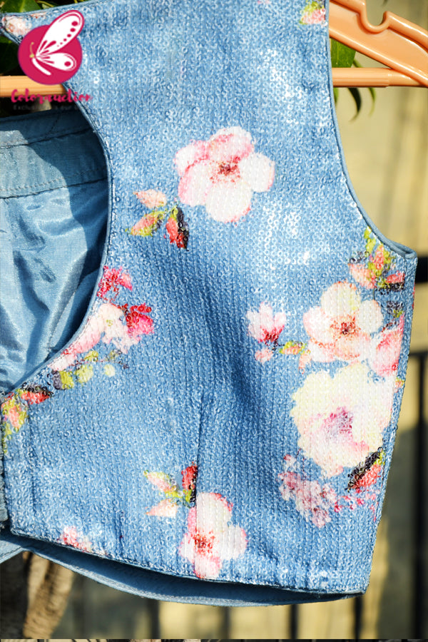 Ice Blue Floral Sequins Back Keyhole Padded Blouse