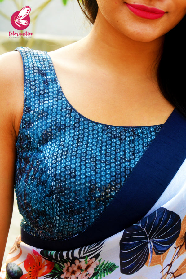 White Satin Georgette Blue DupionTaping Saree