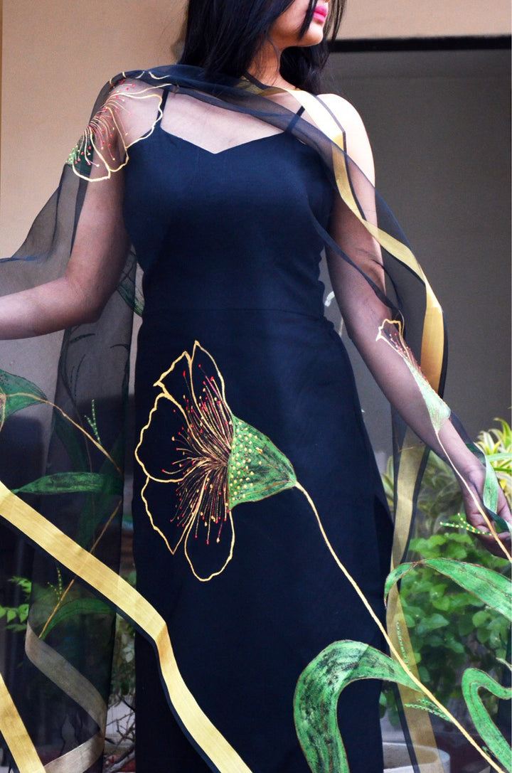 Black organza 3D Floral Handpainted Stole