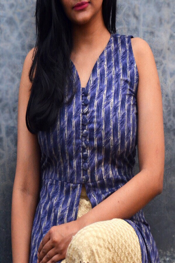 Blue Printed Cotton Silk Front Slit Kurti