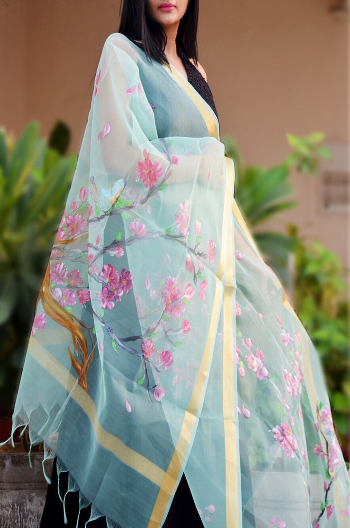 Pista Green Organza Floral Stole