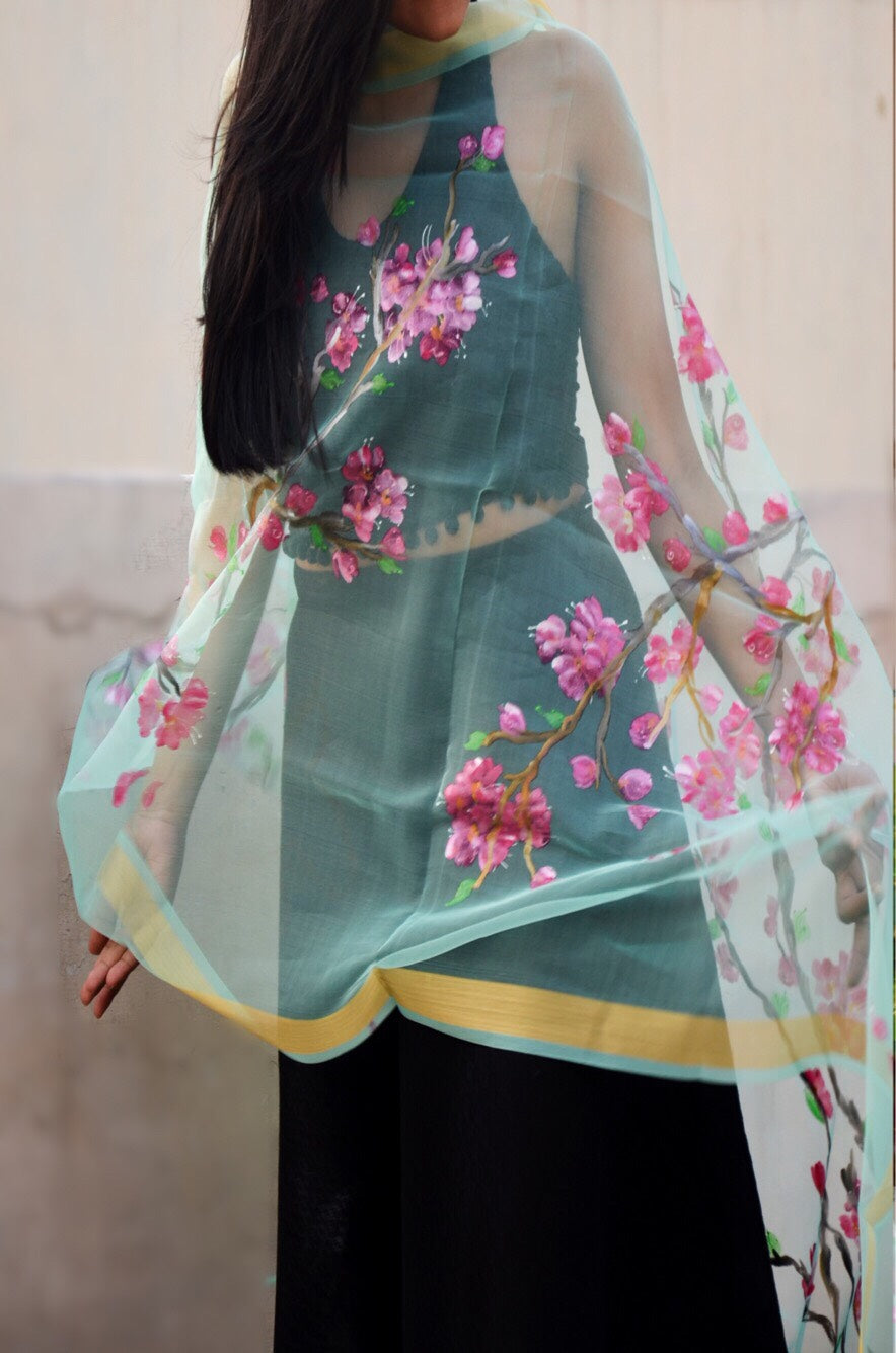 Pista Green Organza Floral Stole