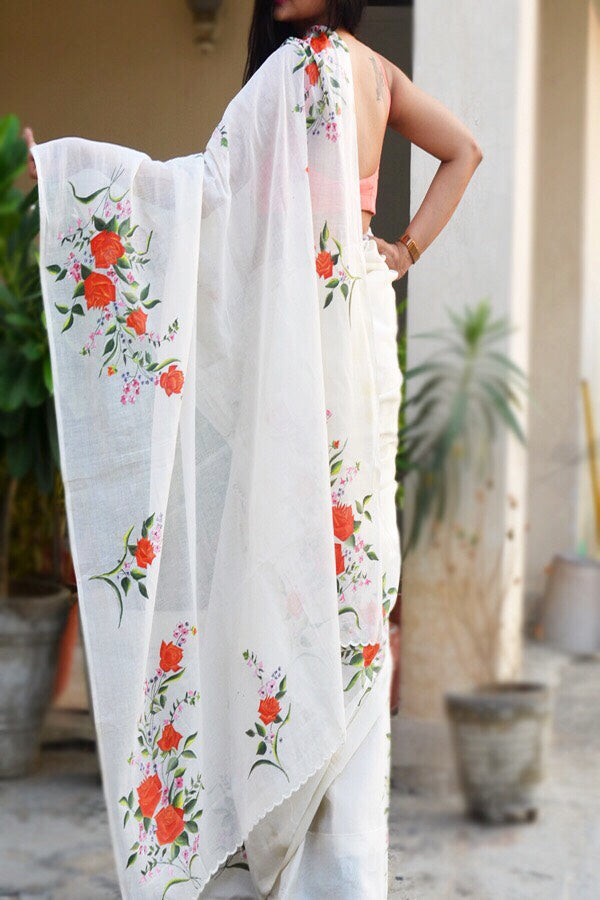 Off White Handpainted Floral Organdy Saree