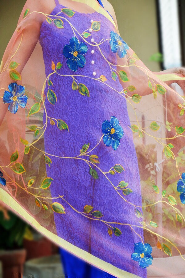 Peach Organza Floral Hand Painted stole