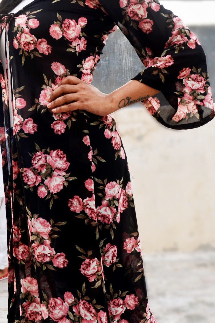Black Printed Georgette Long Floral Shrug