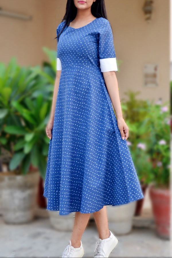 Blue Denim Printed A-Line Dress