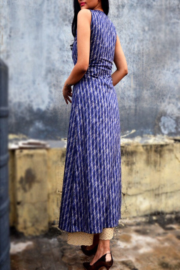 Blue Printed Cotton Silk Front Slit Kurti