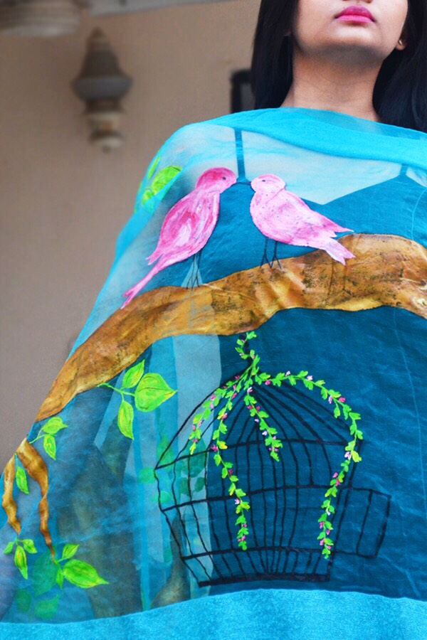 Sky Blue Organza Handpainted Floral Stole