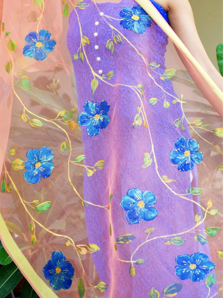 Peach Organza Floral Hand Painted stole