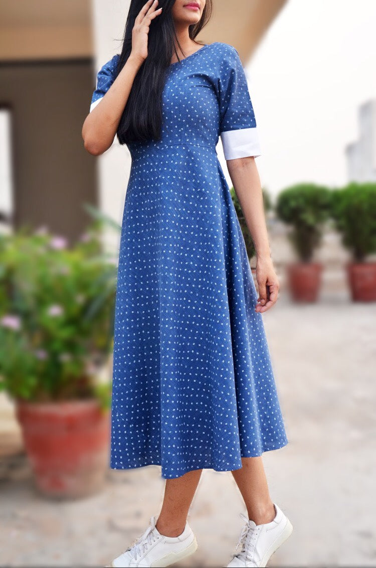 Blue Denim Printed A-Line Dress
