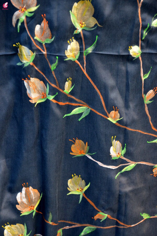 Grey Silk Hand-painted  Multi Color Floral Stole